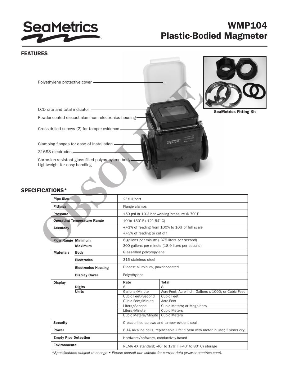 Obsolete, Wmp104 plastic-bodied magmeter, Features | Specifications | Seametrics WMP104 User Manual | Page 2 / 4