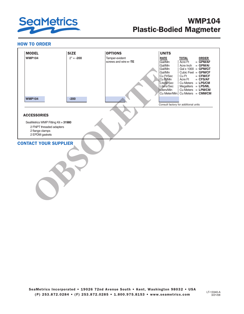 Obsolete, Wmp104 plastic-bodied magmeter | Seametrics WMP104 User Manual | Page 4 / 4