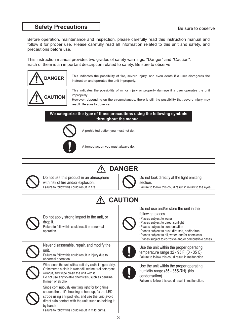 Danger, Caution, Safety precautions | SHIMPO DT-365E User Manual | Page 3 / 28