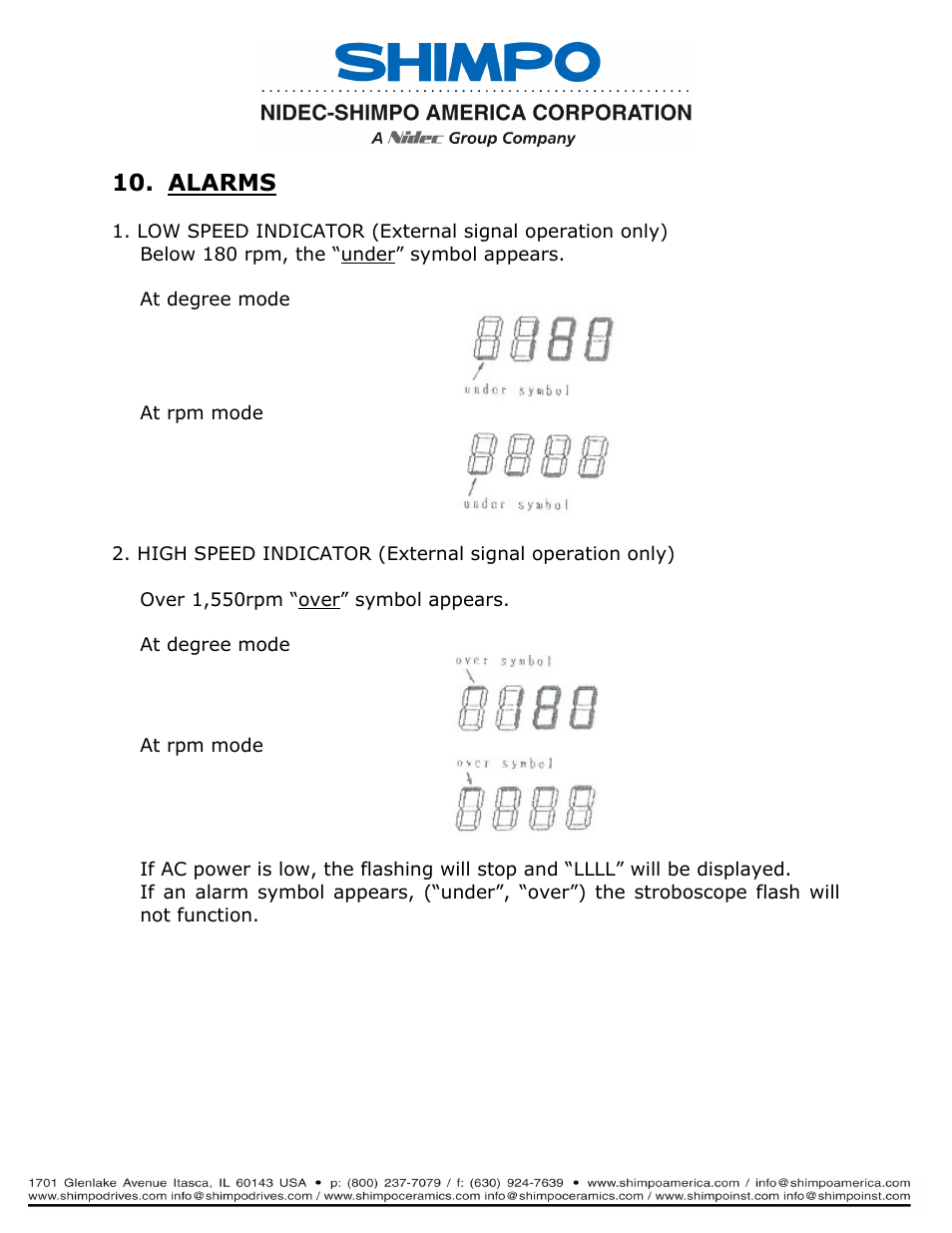 Alarms | SHIMPO DT-311J-230V User Manual | Page 10 / 12