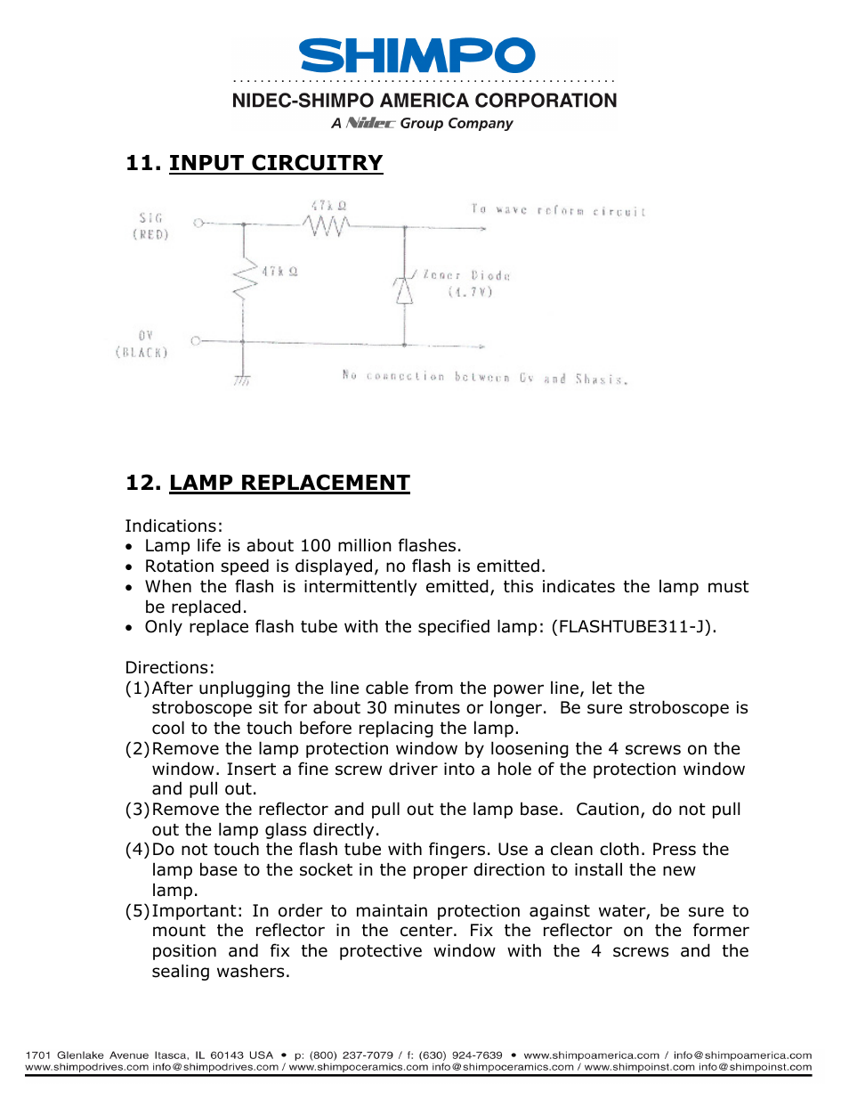 Input circuitry, Lamp replacement | SHIMPO DT-311J-230V User Manual | Page 11 / 12