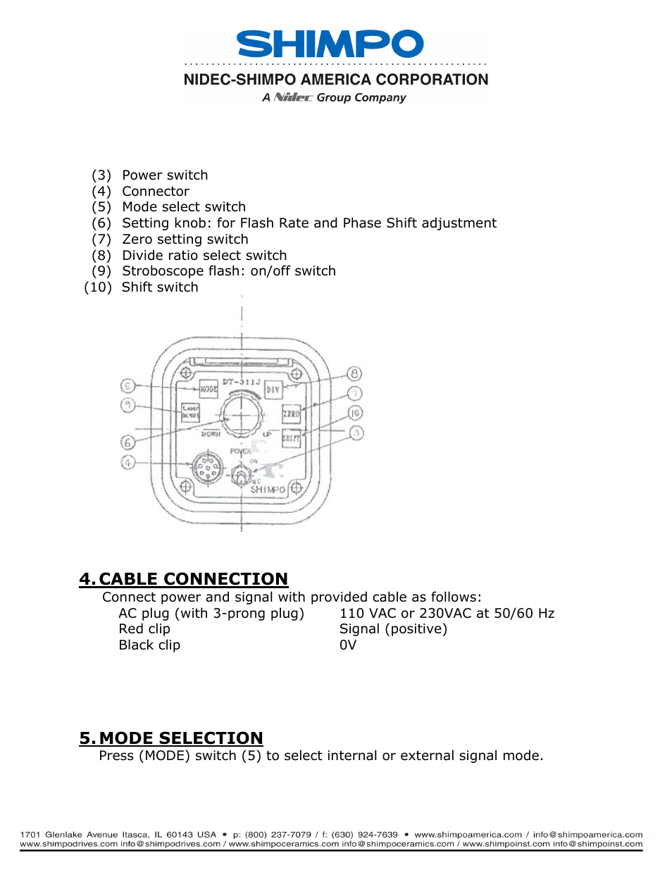 Cable connection, Mode selection | SHIMPO DT-311J-230V User Manual | Page 5 / 12