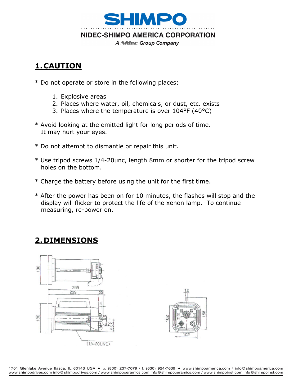 Caution, Dimensions | SHIMPO DT-315P User Manual | Page 2 / 17