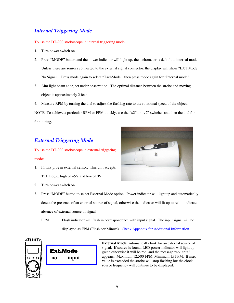 Internal triggering mode, External triggering mode, Ext.mode | Ext.mode no input | SHIMPO DT-900 User Manual | Page 12 / 33