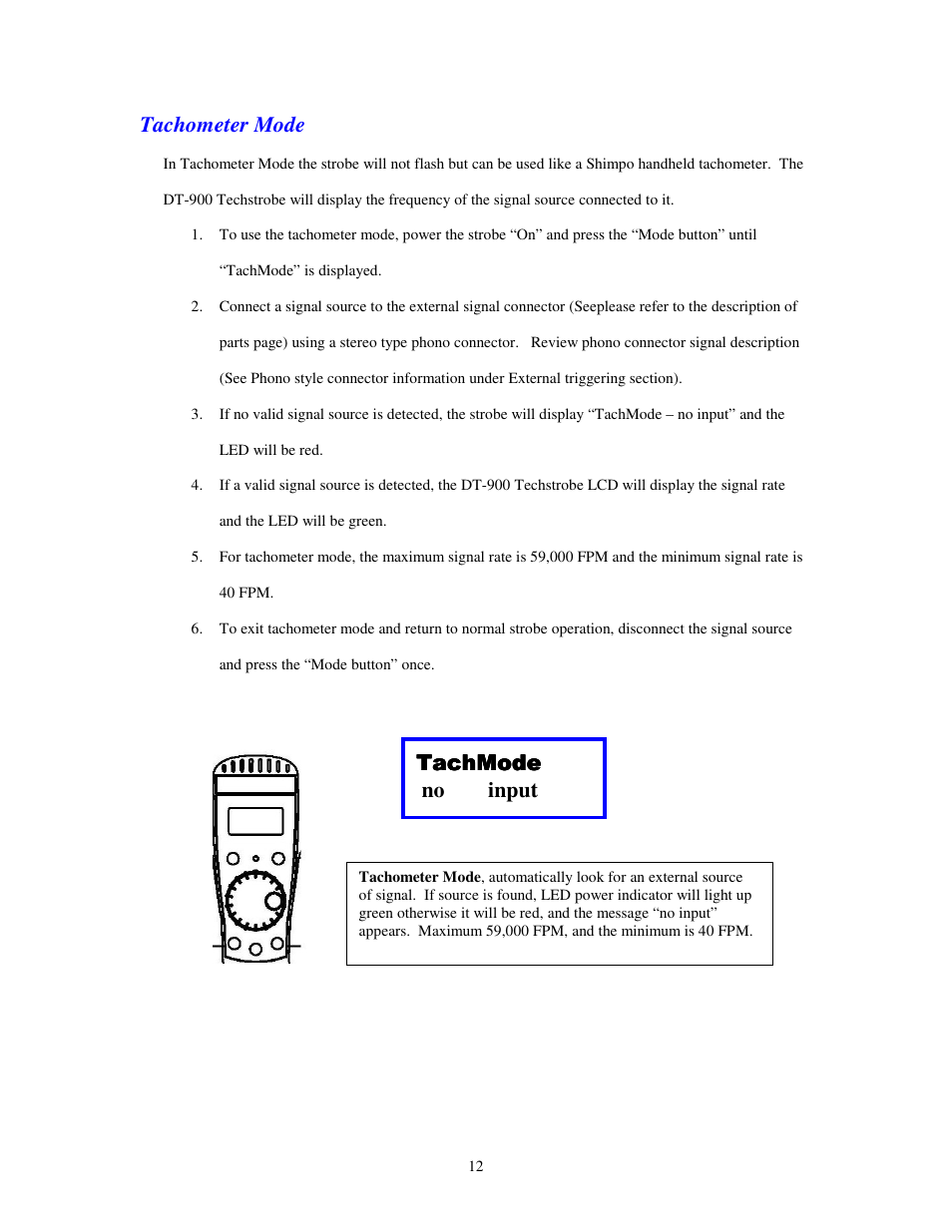 Tachometer mode, Tachmode, Tachmode no input | SHIMPO DT-900 User Manual | Page 15 / 33