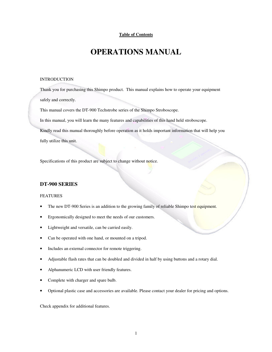 Operations manual | SHIMPO DT-900 User Manual | Page 4 / 33
