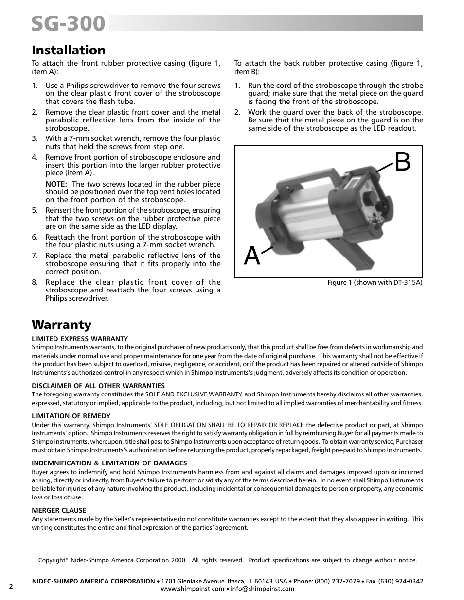 Warranty, Installation | SHIMPO SG-300 User Manual | Page 2 / 2