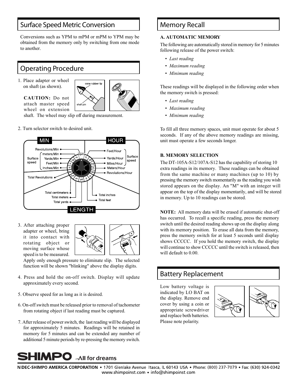 Battery replacement, Operating procedure, Surface speed metric conversion | SHIMPO DT-107A-S12 User Manual | Page 2 / 2