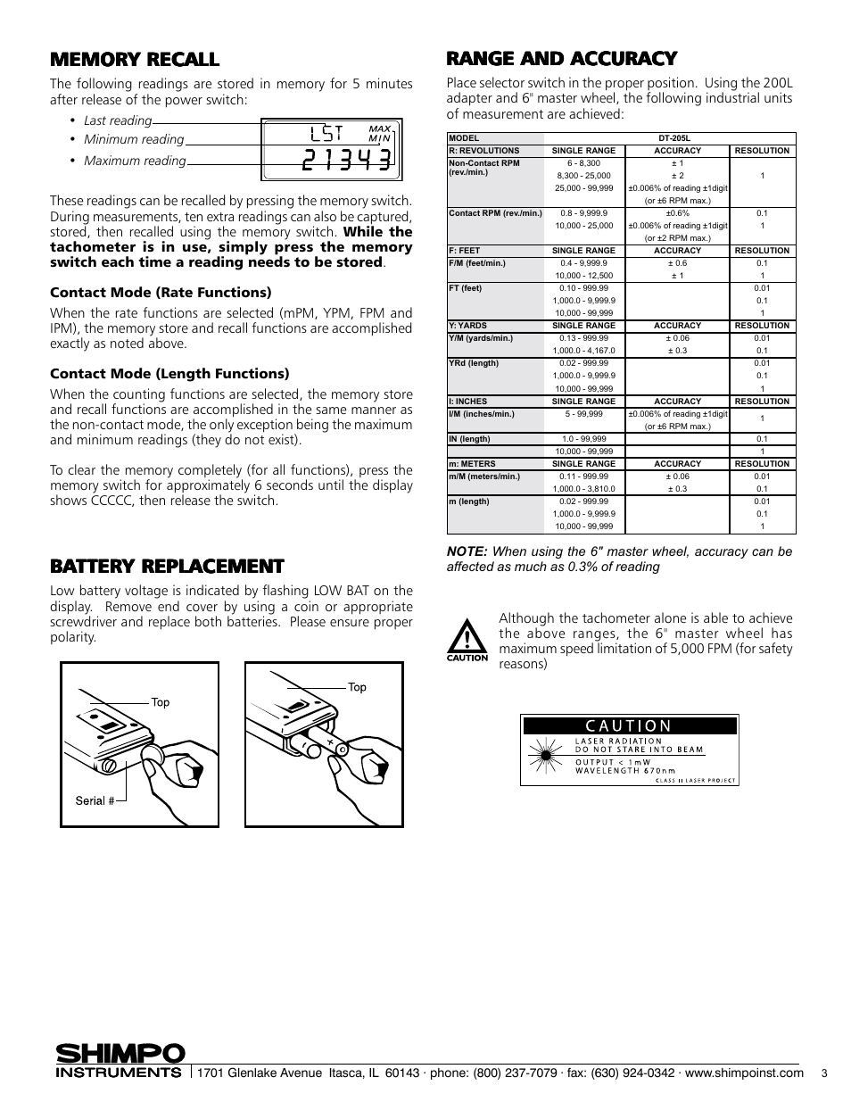 Range and accuracy | SHIMPO DT-205L User Manual | Page 3 / 4