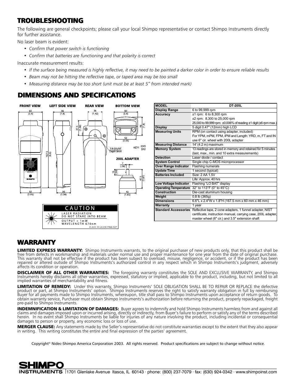 Dimensions and specifica, Troubleshooting | SHIMPO DT-205L User Manual | Page 4 / 4