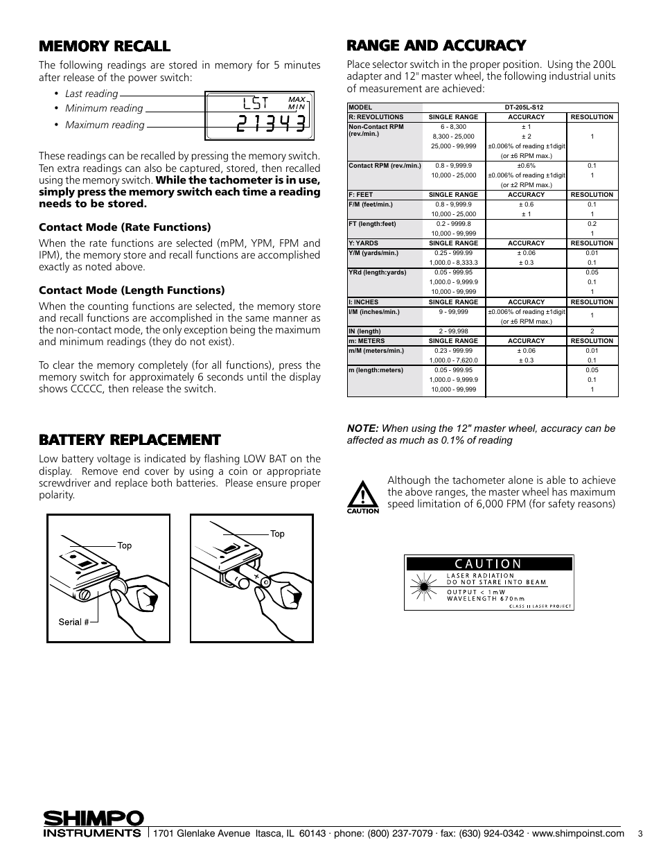 Range and accuracy | SHIMPO DT-205L-S12 User Manual | Page 3 / 4