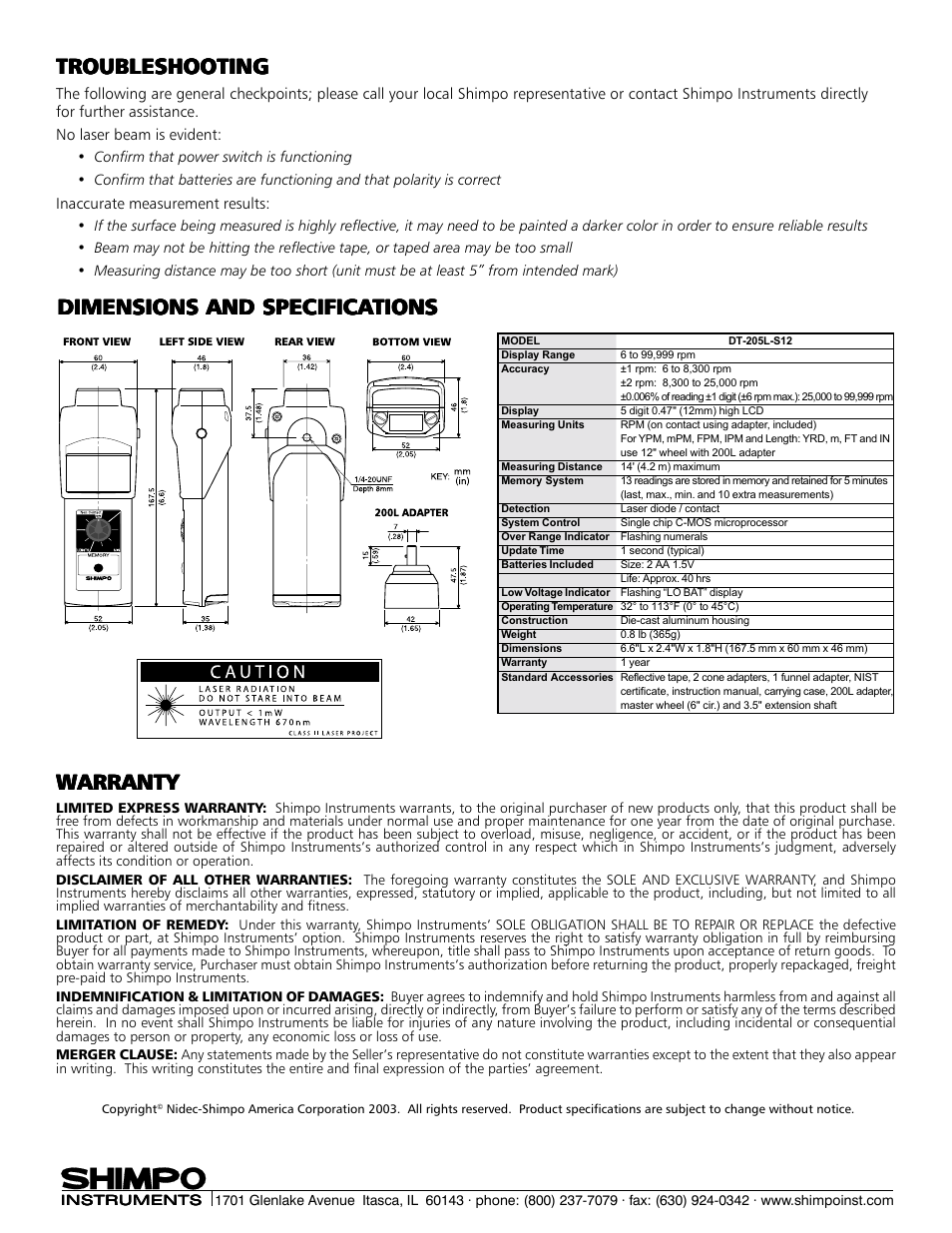 Dimensions and specifica, Troubleshooting | SHIMPO DT-205L-S12 User Manual | Page 4 / 4