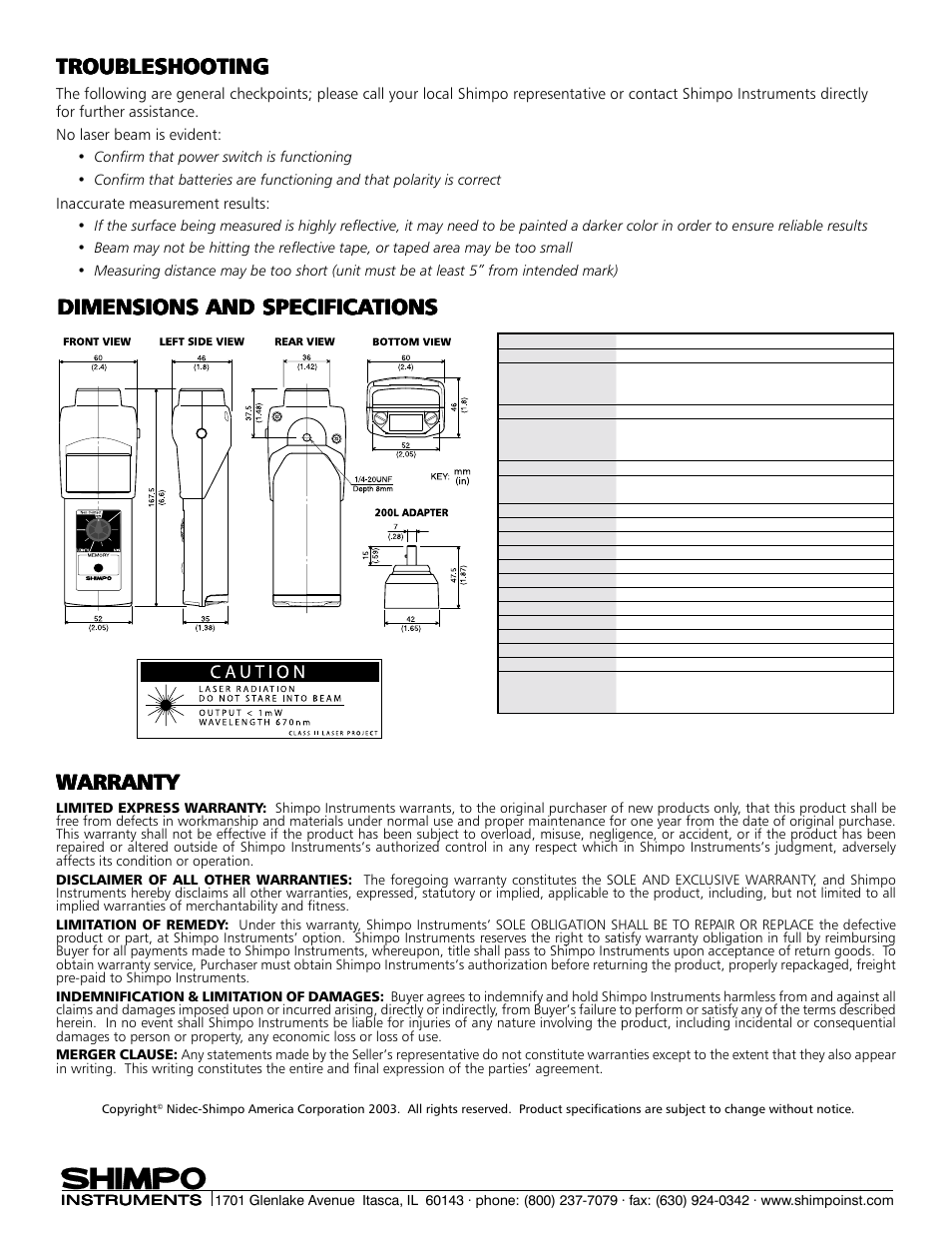 Dimensions and specifica, Troubleshooting | SHIMPO DT-207L User Manual | Page 4 / 4