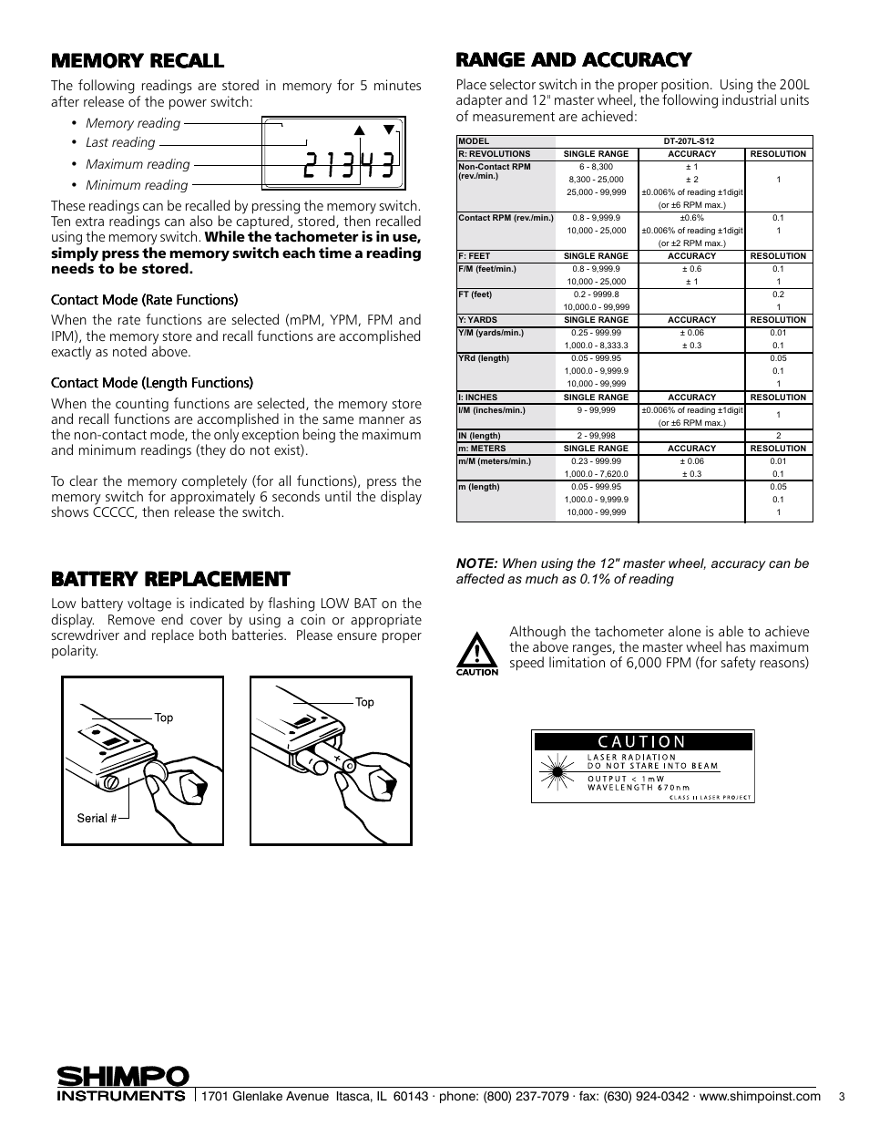 Range and accuracy | SHIMPO DT-207L-S12 User Manual | Page 3 / 4