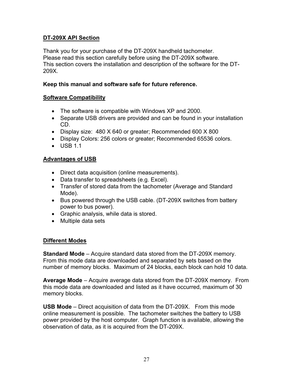 Dt-209x api section, Software compatibility, Advantages of usb | Different modes | SHIMPO DT-209X-S12 User Manual | Page 31 / 68
