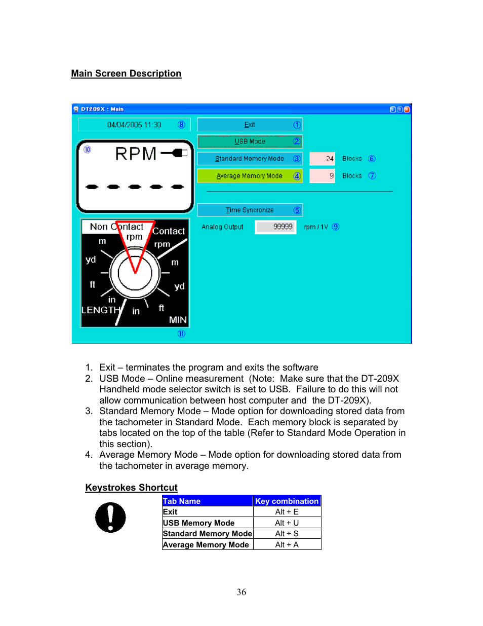 Main screen description, Keystrokes shortcut | SHIMPO DT-209X-S12 User Manual | Page 40 / 68