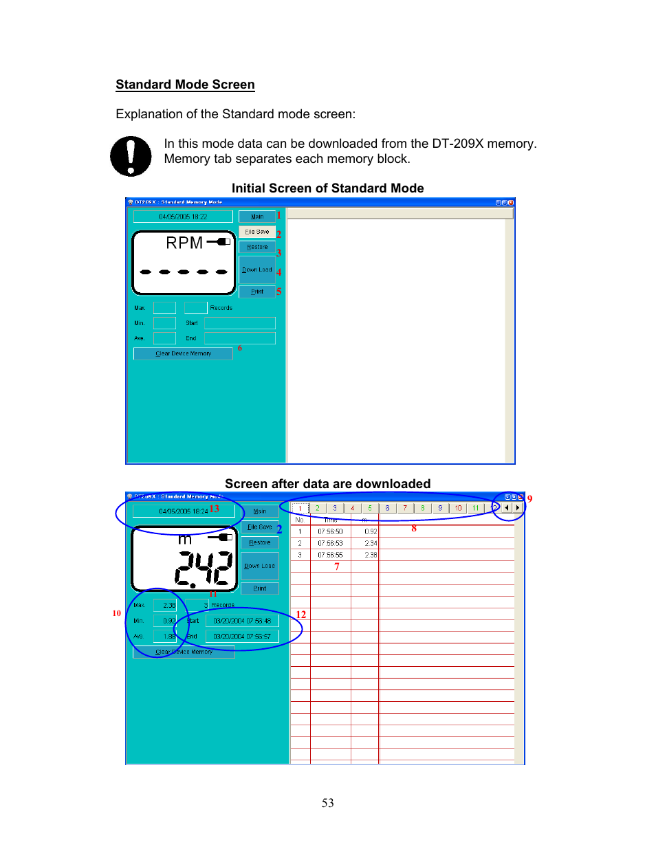 Standard mode screen, Initial screen of standard mode, Screen after data are downloaded | SHIMPO DT-209X-S12 User Manual | Page 57 / 68