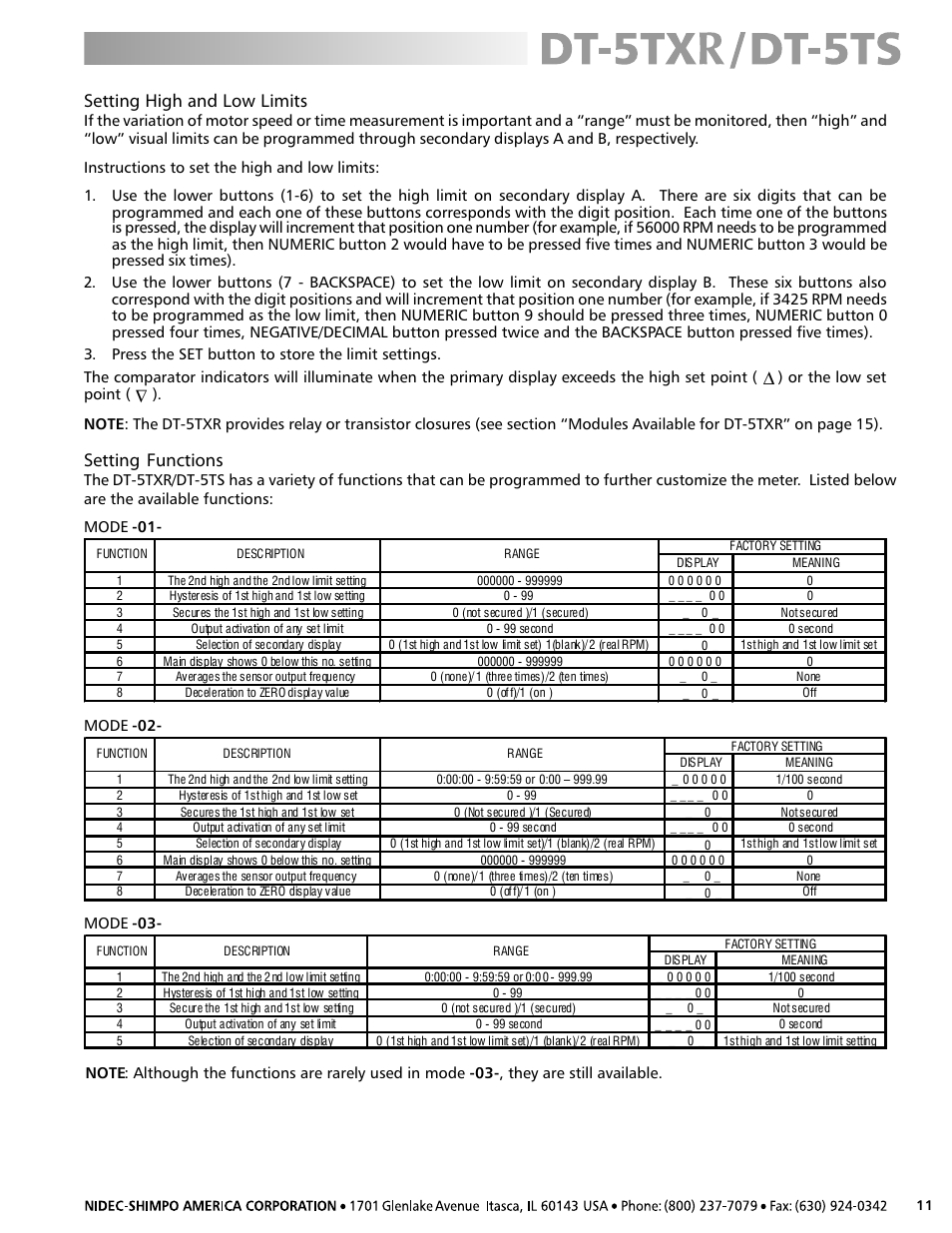 Setting high and low limits, Setting functions | SHIMPO DT-5TS User Manual | Page 11 / 20