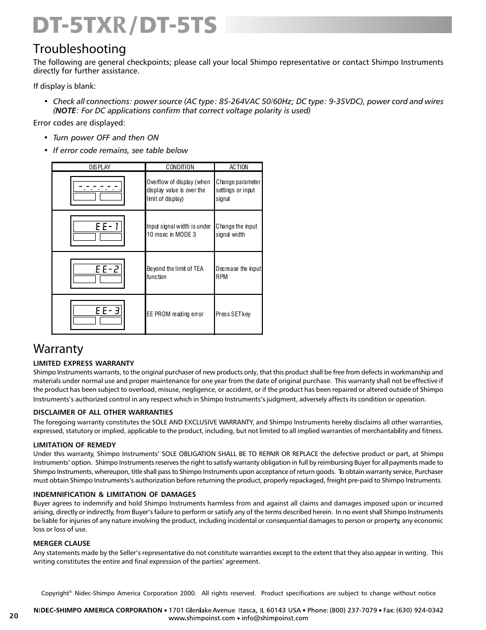 Warranty, Troubleshooting | SHIMPO DT-5TS User Manual | Page 20 / 20