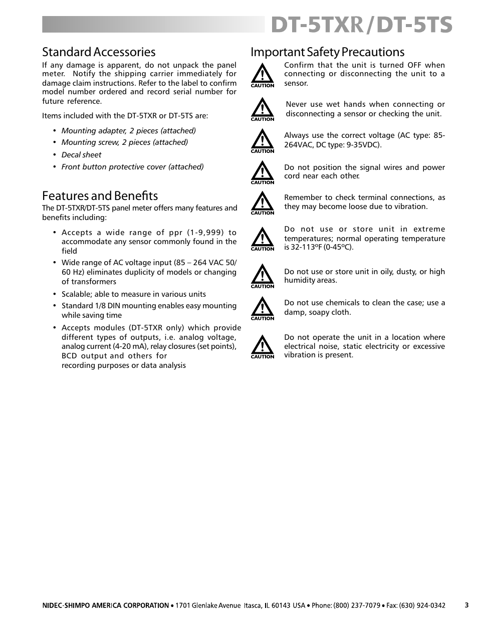 Important safety precautions standard accessories, Features and benefits | SHIMPO DT-5TS User Manual | Page 3 / 20