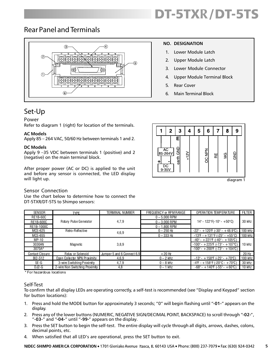 Set-up, Rear panel and terminals, Power | Sensor connection, Self-test | SHIMPO DT-5TS User Manual | Page 5 / 20