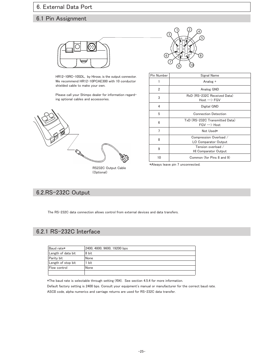 External data port 6.1 pin assignment, Rs-232c output, 1 rs-232c interface | SHIMPO FGV-XY-Series User Manual | Page 26 / 32