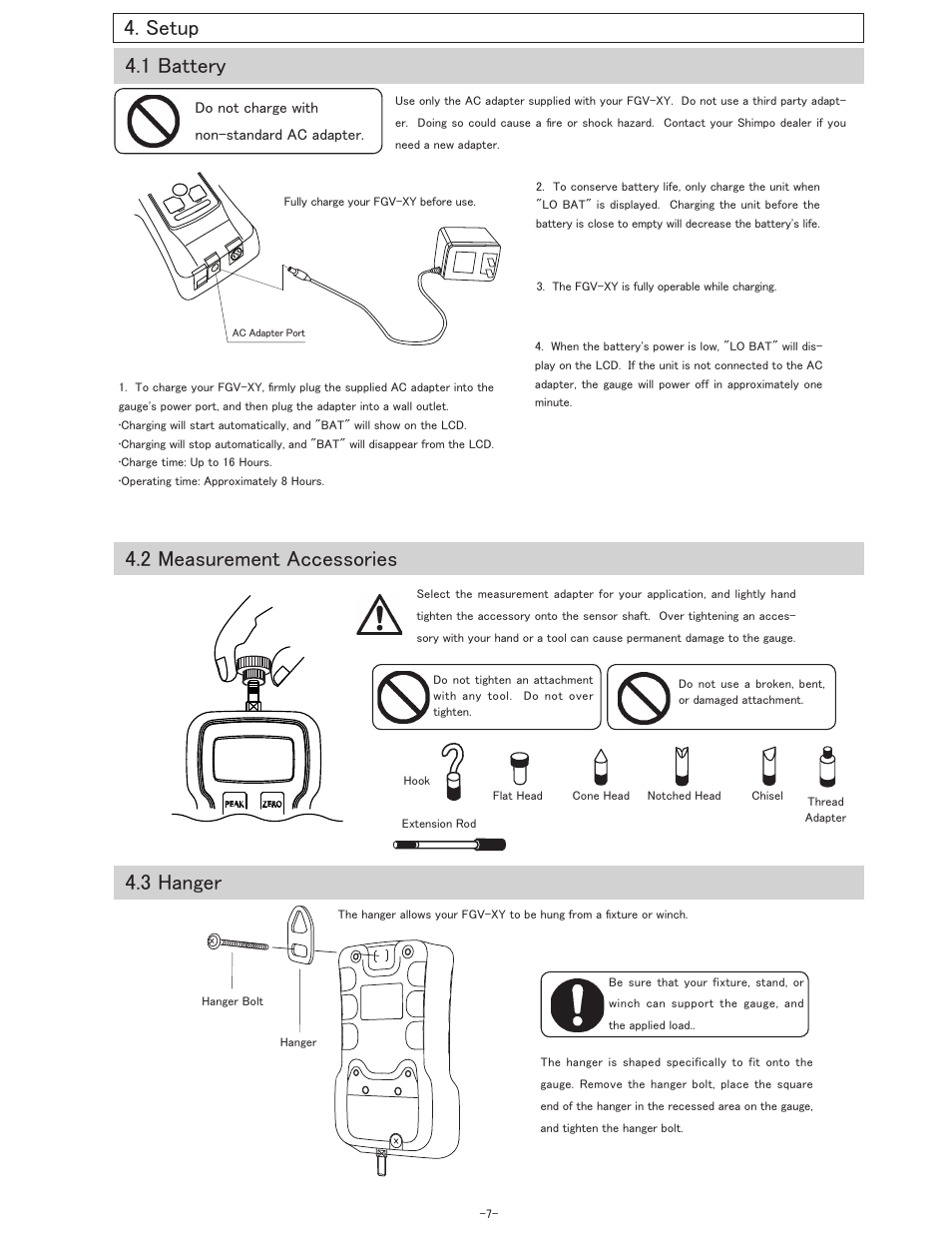 2 measurement accessories, Setup 4.1 battery, 3 hanger | SHIMPO FGV-XY-Series User Manual | Page 8 / 32