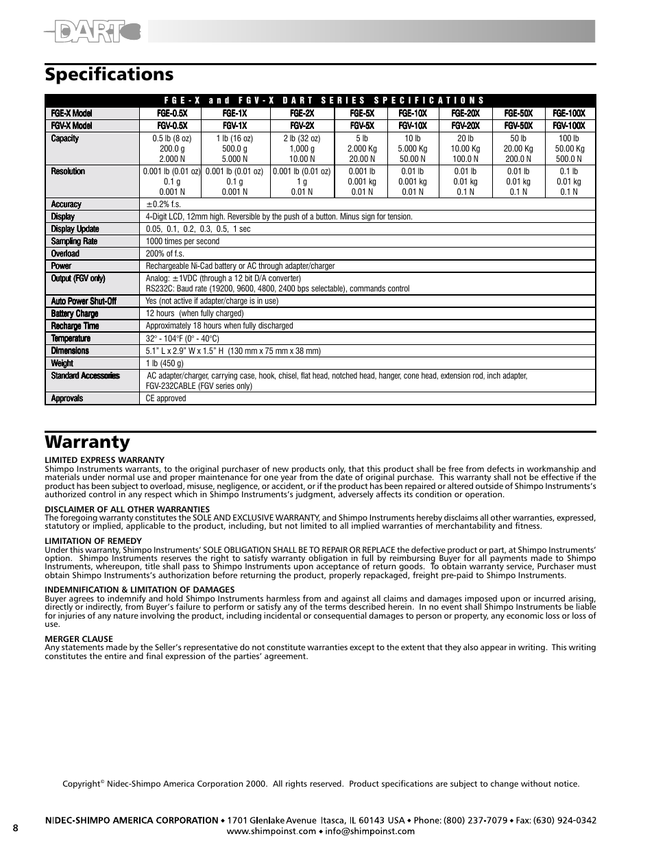 Warranty, Specifications | SHIMPO FGV-X User Manual | Page 8 / 8