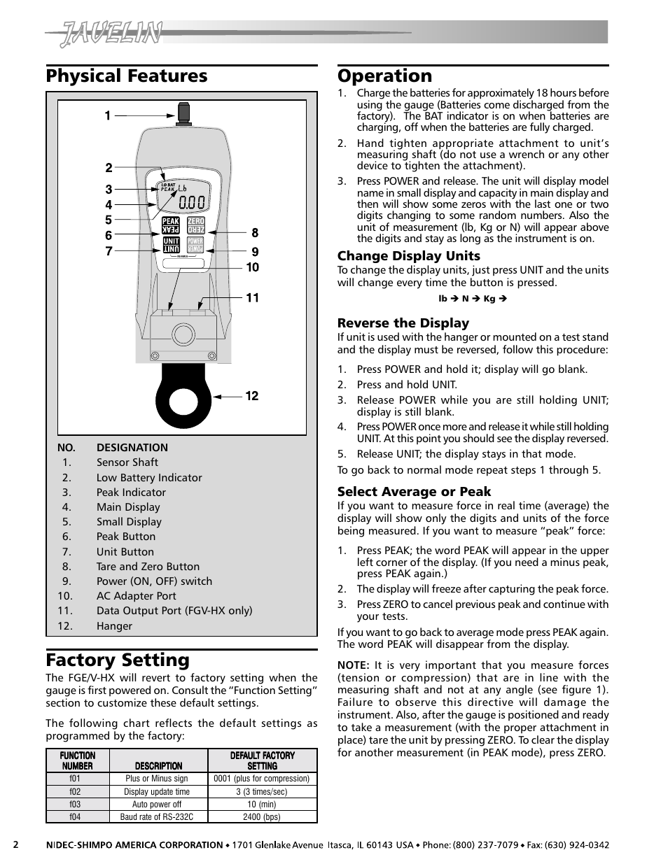 Physical features, Factory setting, Operation | Change display units, Reverse the display, Select average or peak | SHIMPO FGV-HX User Manual | Page 2 / 8
