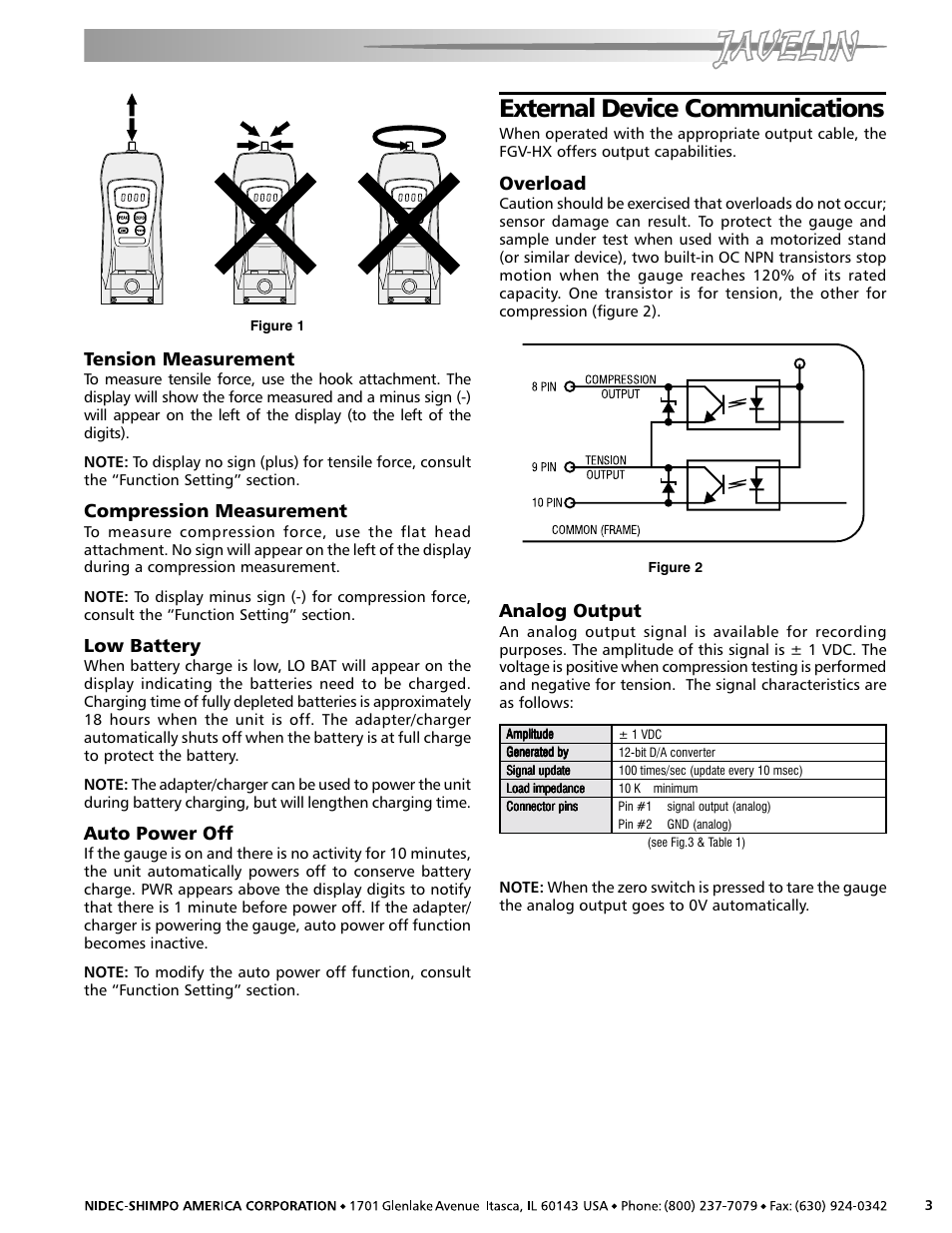 External device communications, Tension measurement, Compression measurement | Low battery, Auto power off, Overload, Analog output | SHIMPO FGV-HX User Manual | Page 3 / 8