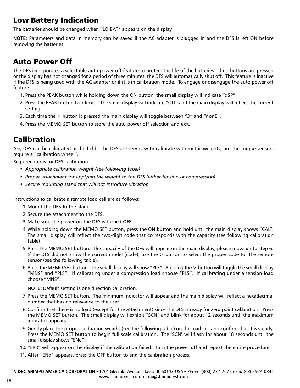 Low battery indication, Auto power off, Calibration | SHIMPO DFS-series User Manual | Page 18 / 20