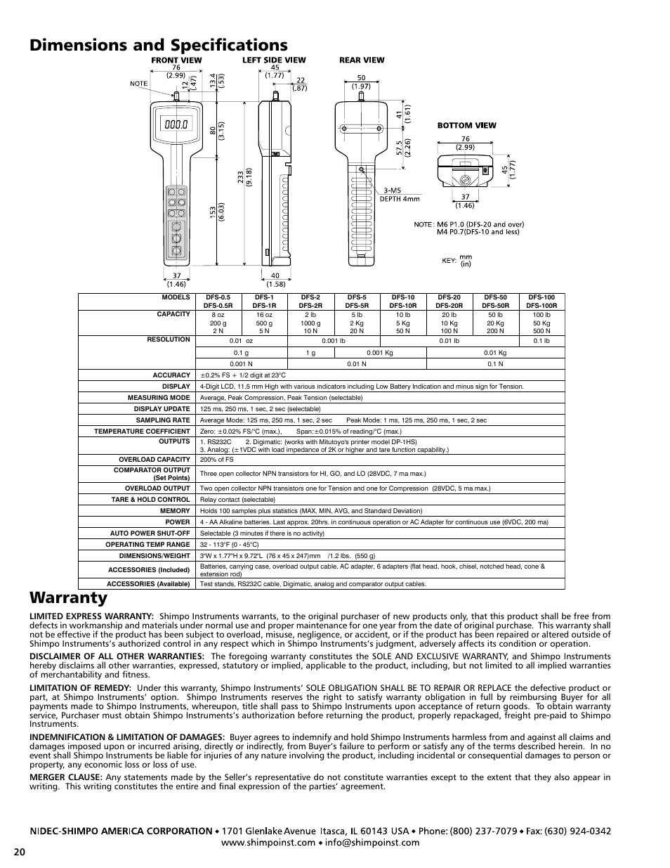 Warranty, Dimensions and specifications | SHIMPO DFS-series User Manual | Page 20 / 20