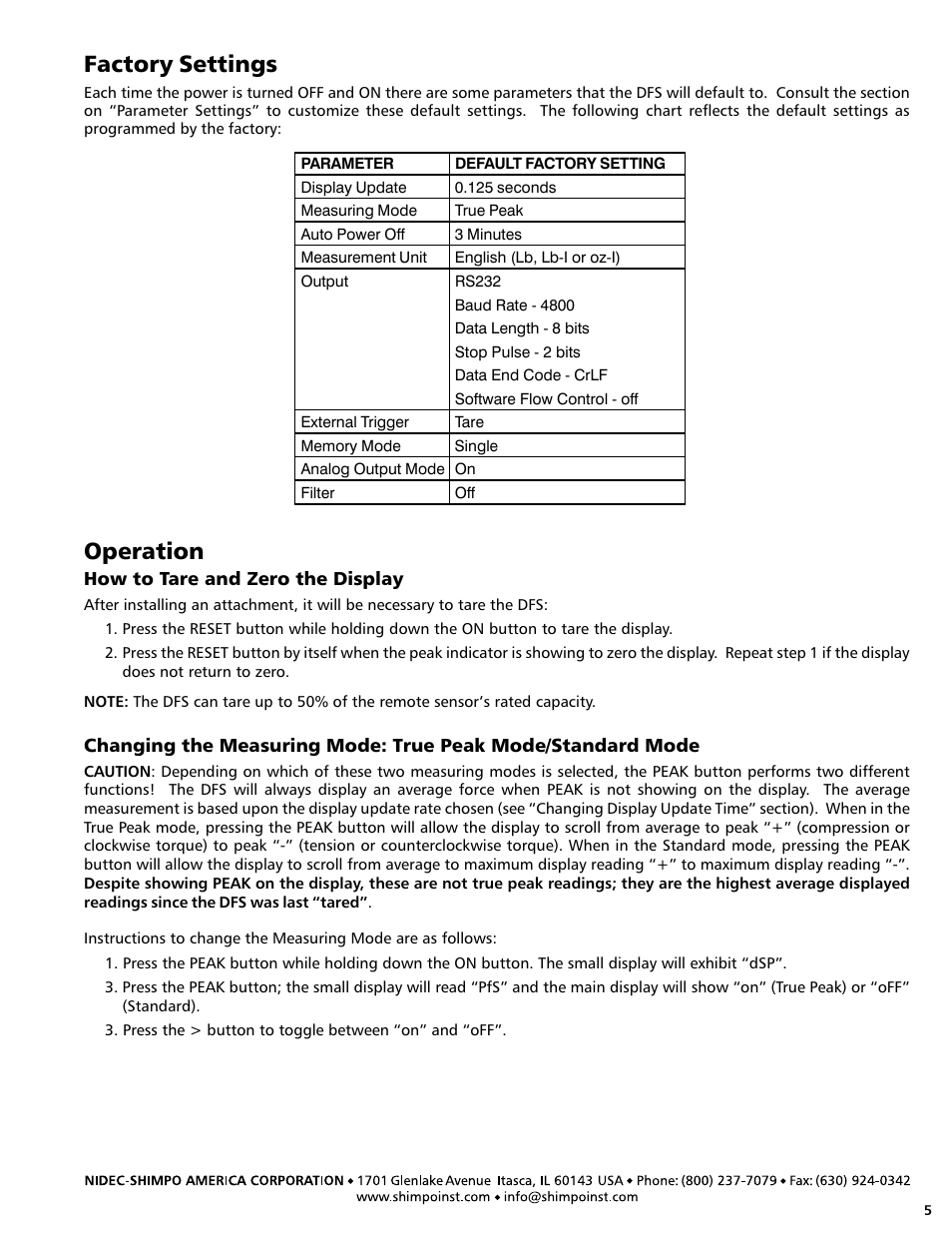 Factory settings, Operation | SHIMPO DFS-series User Manual | Page 5 / 20