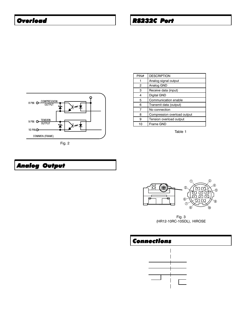 Overload, Rs232c p, Analog output | Connections | SHIMPO FGV-H-series User Manual | Page 3 / 4