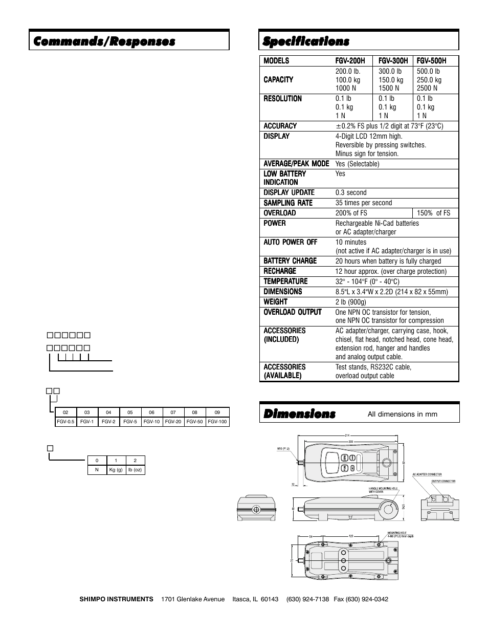 Commands/r, Specifications, Dimensions | SHIMPO FGV-H-series User Manual | Page 4 / 4