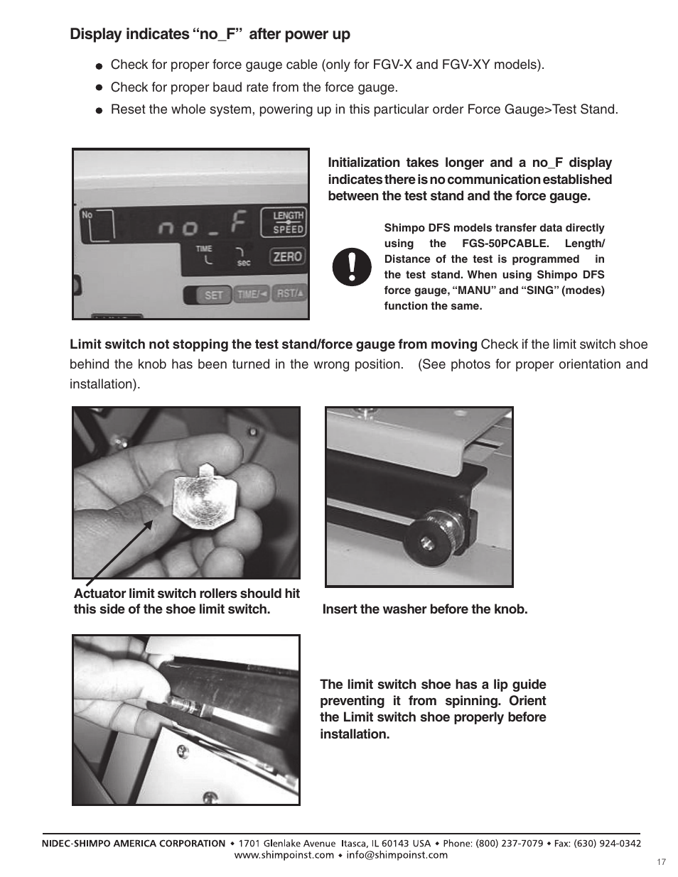 Display indicates “no_f” after power up | SHIMPO FGS-100-PXL User Manual | Page 17 / 20