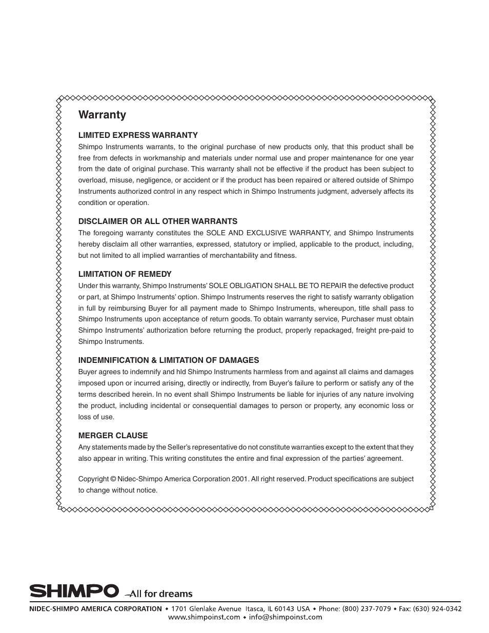 Warranty | SHIMPO FGS-100-PXL User Manual | Page 20 / 20