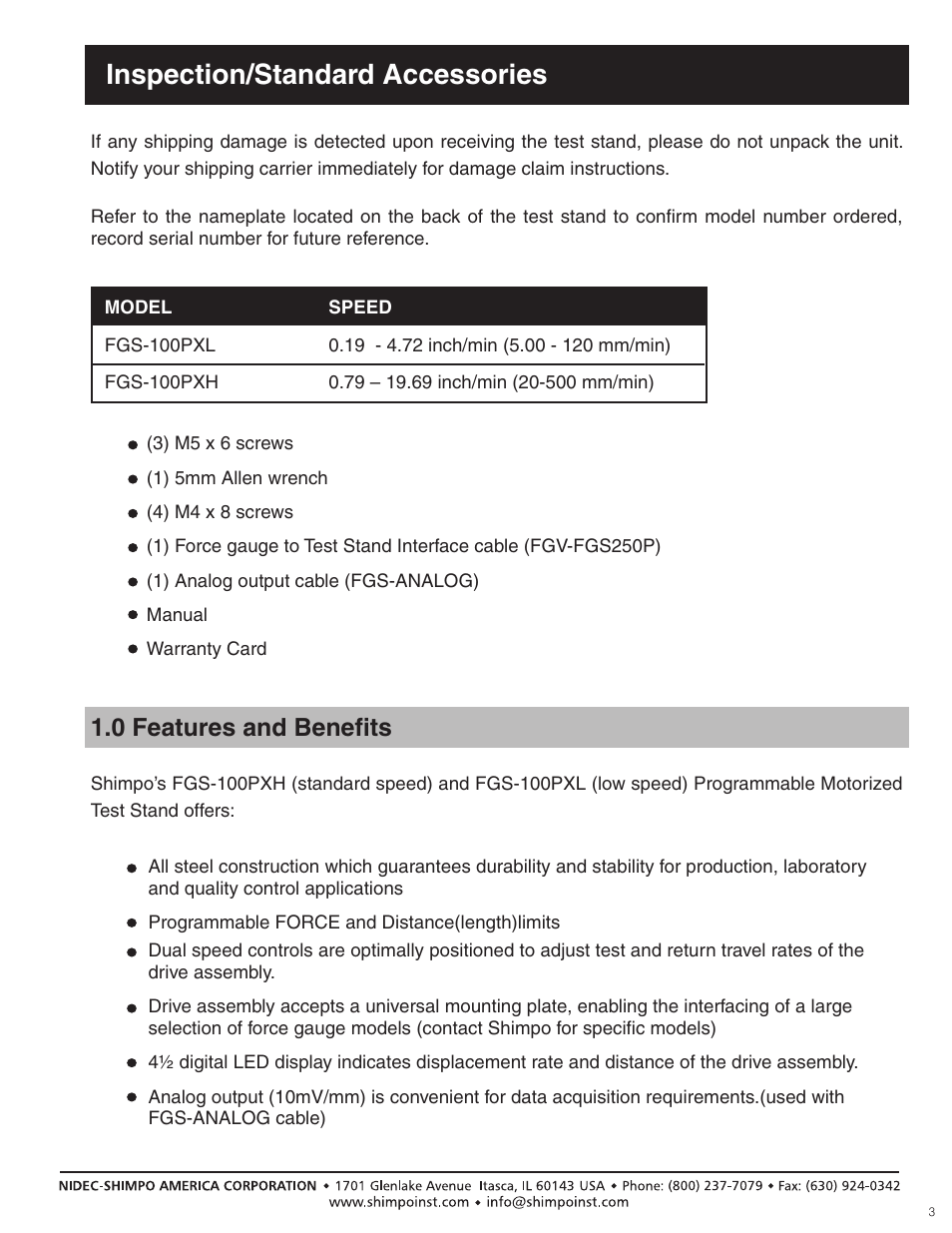 Inspection/standard accessories, 0 features and benefi ts | SHIMPO FGS-100-PXL User Manual | Page 3 / 20