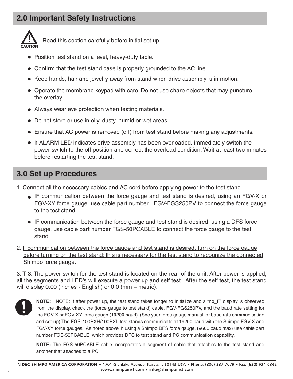 0 important safety instructions, 0 set up procedures | SHIMPO FGS-100-PXL User Manual | Page 4 / 20