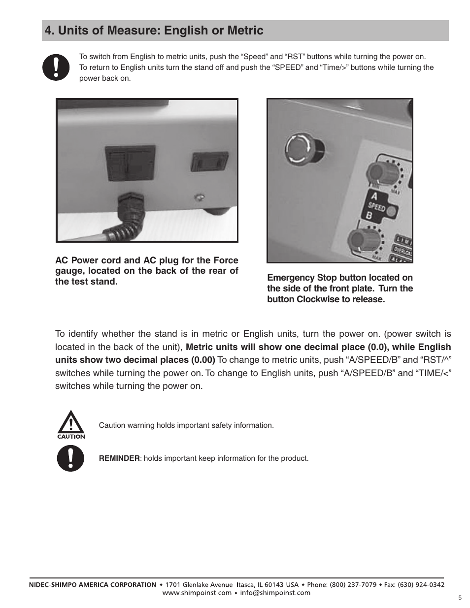 Units of measure: english or metric | SHIMPO FGS-100-PXL User Manual | Page 5 / 20