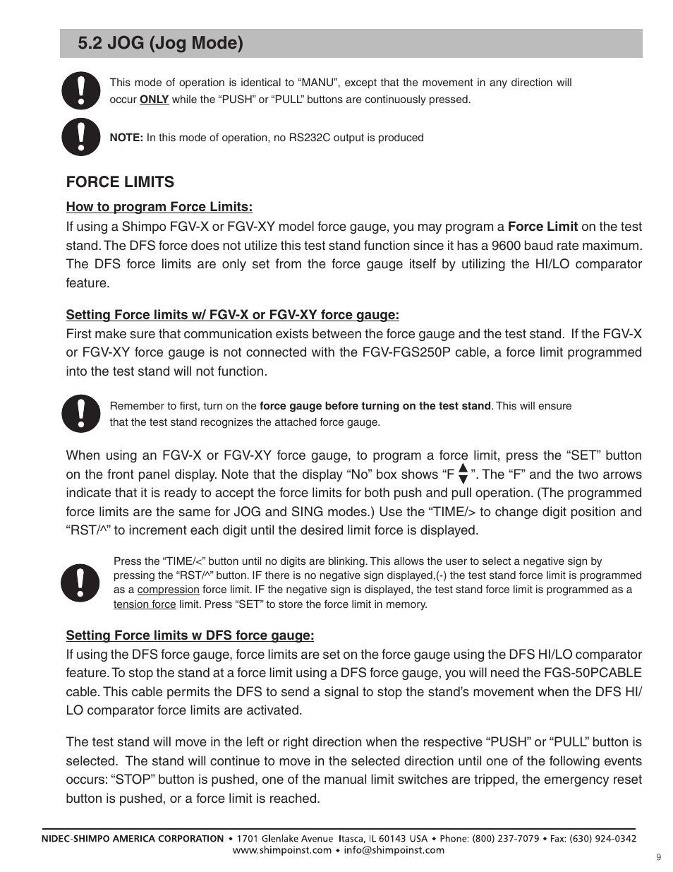 2 jog (jog mode), Force limits | SHIMPO FGS-100-PXL User Manual | Page 9 / 20