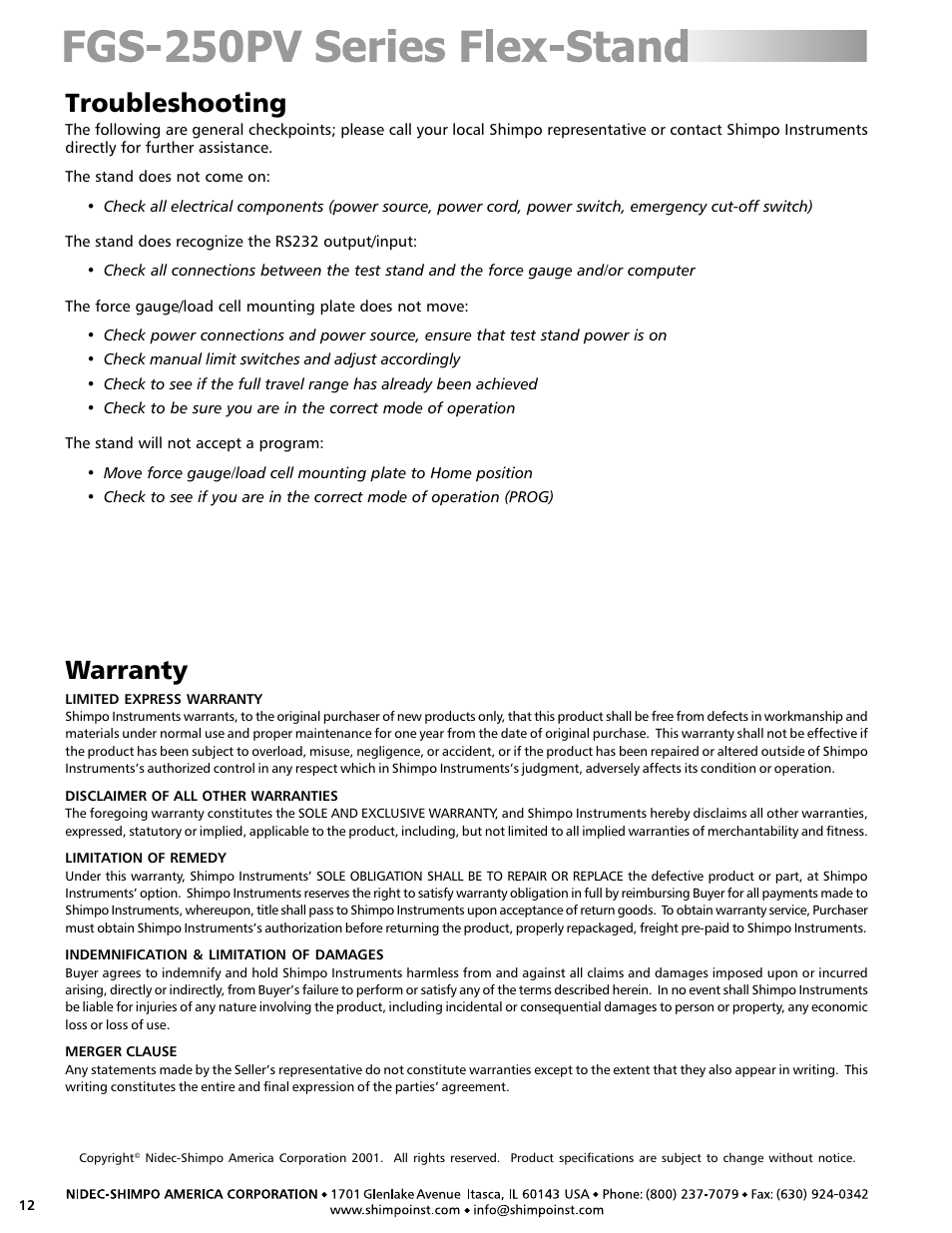 Warranty, Troubleshooting | SHIMPO FGS-250PV User Manual | Page 12 / 12