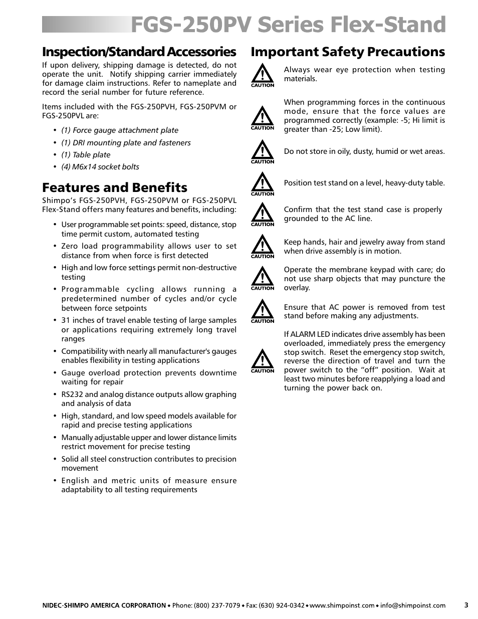 Important safety precautions features and benefits, Inspection/standard accessories | SHIMPO FGS-250PV User Manual | Page 3 / 12