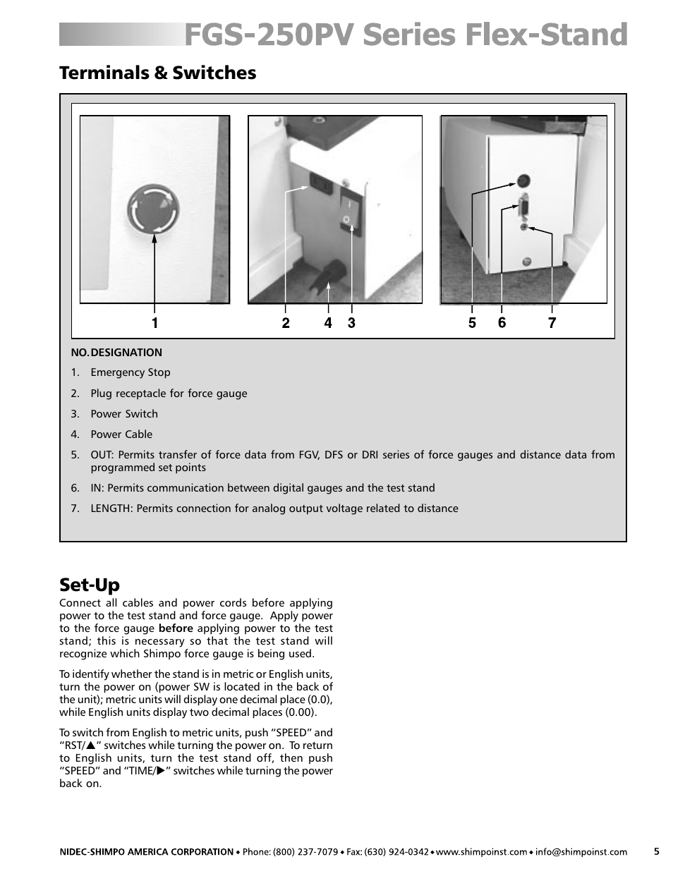 Terminals & switches, Set-up | SHIMPO FGS-250PV User Manual | Page 5 / 12