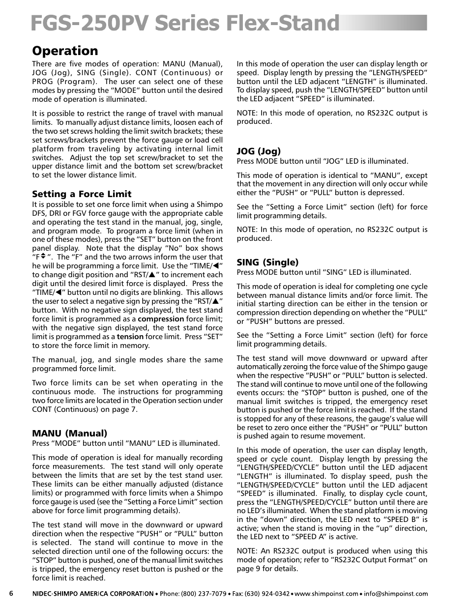 Operation | SHIMPO FGS-250PV User Manual | Page 6 / 12
