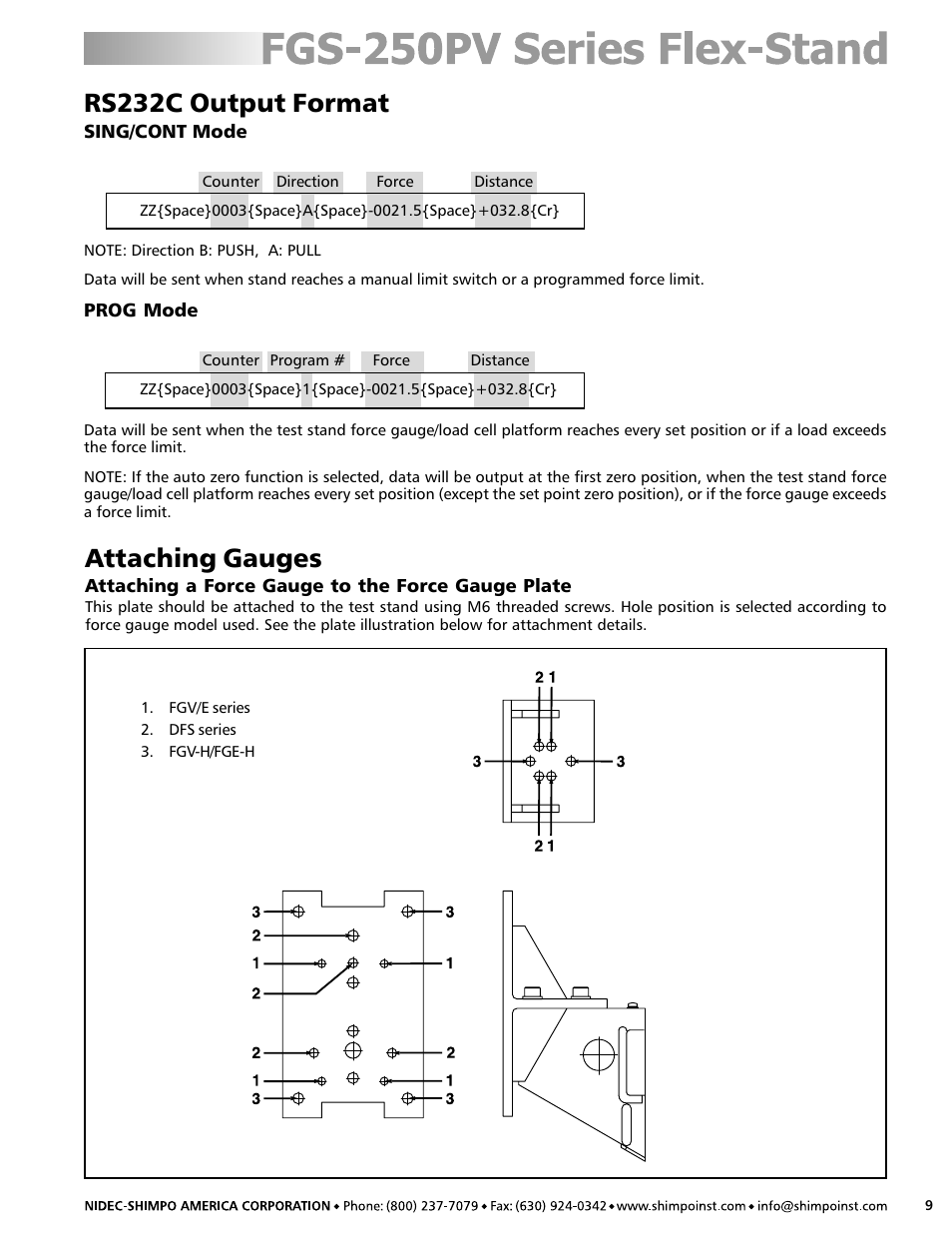 Attaching gauges, Rs232c output format | SHIMPO FGS-250PV User Manual | Page 9 / 12