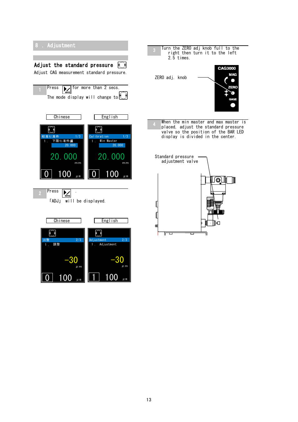 8 . adjustment, Adjust the standard pressure | SHIMPO CAG-3000 User Manual | Page 13 / 20