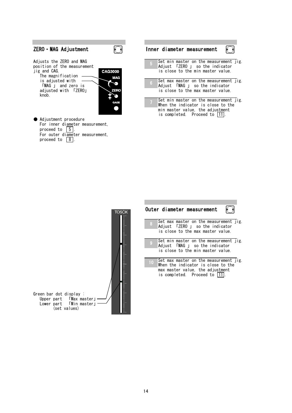 Zero・mag adjustment inner diameter measurement, Outer diameter measurement | SHIMPO CAG-3000 User Manual | Page 14 / 20