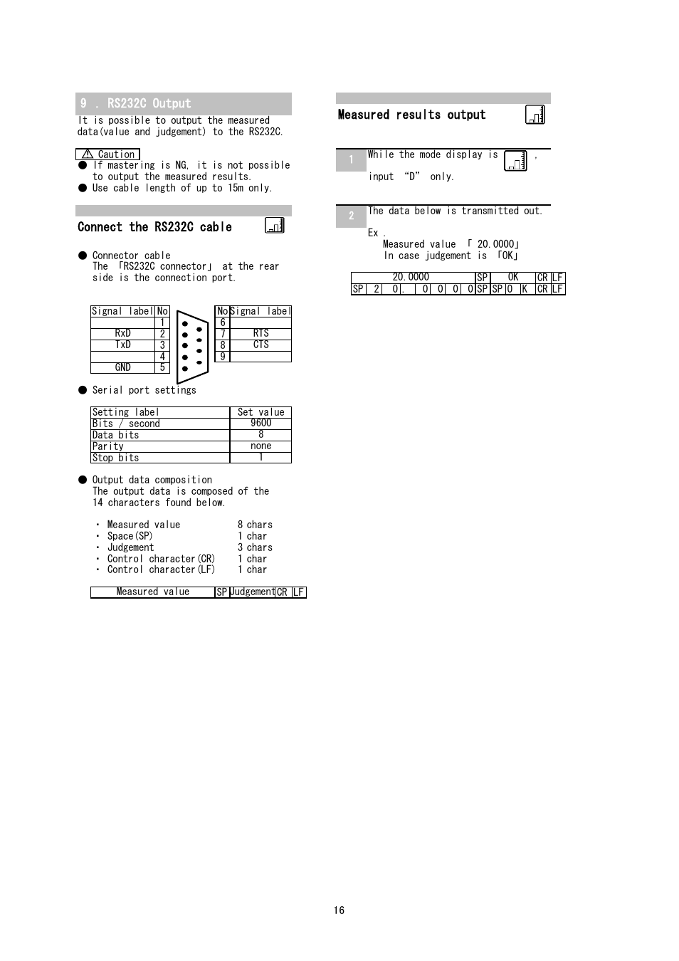 Connect the rs232c cable, 9 . rs232c output, Measured results output | SHIMPO CAG-3000 User Manual | Page 16 / 20