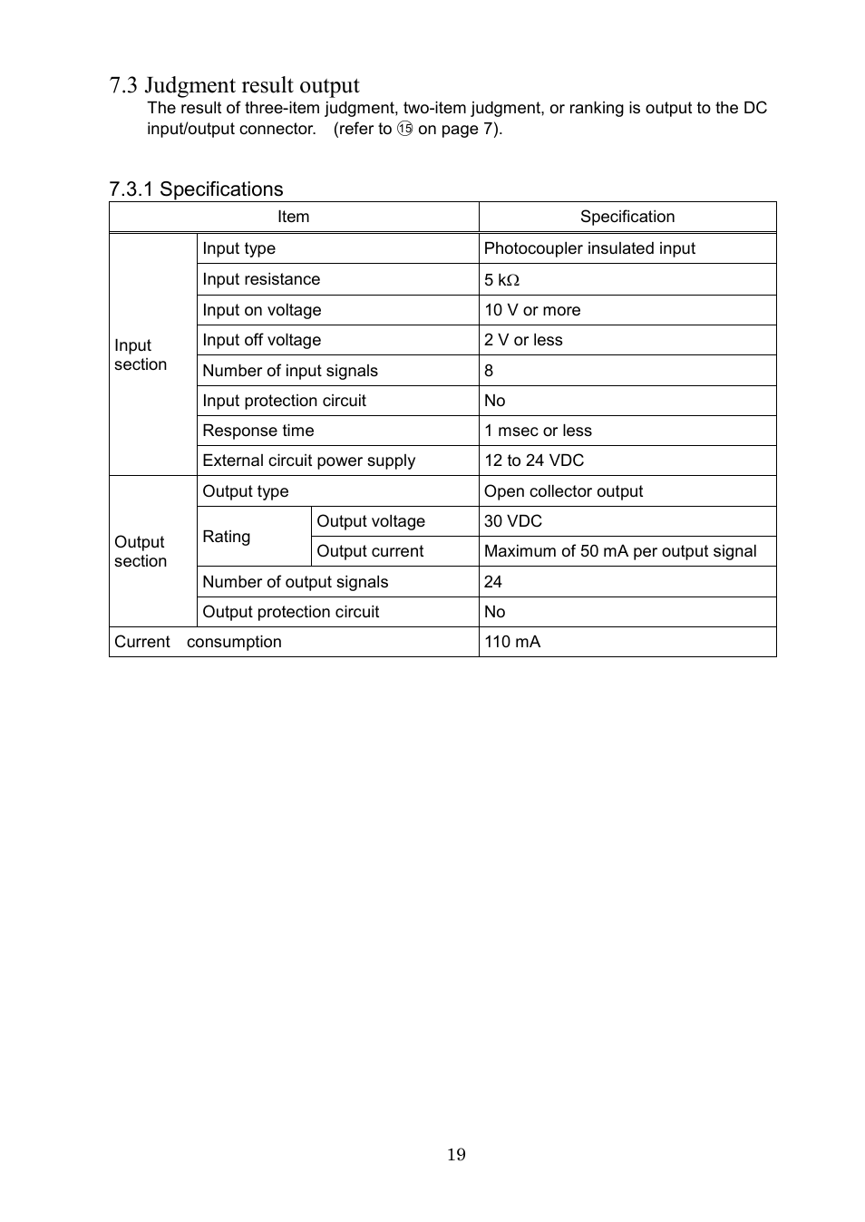 3 judgment result output, 1 specifications | SHIMPO DEG-2000 User Manual | Page 21 / 51